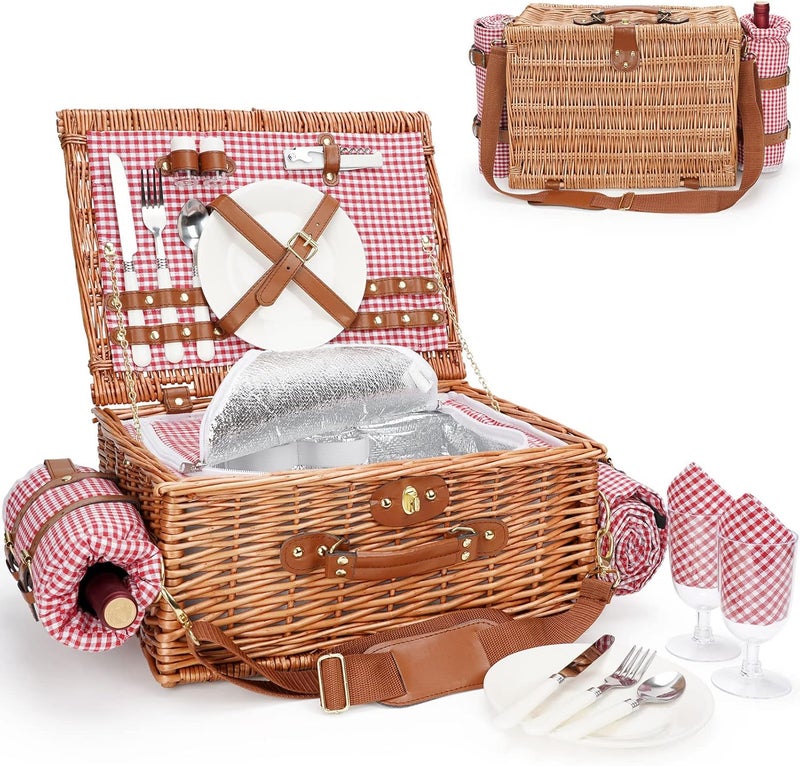 WILLOW WEAVE Picnic Basket for 2, Picnic Baskets with Waterproof Blanket, Picnic Hamper Set with Washable Beach Mat & Large Insulated Cooler Compartment, Handmade Natural Wicker Hamper for Camping, Outdoor Party - Image 1